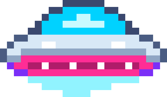 Pixel art of the friendly saucer summoned by the dog whistle